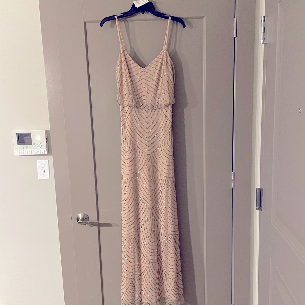 Adrianna Papell Art Deco Beaded Embellished Blouson Gown (Taupe / Pink)